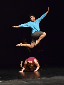 Sophomore Pedro Lander takes a leap above another performer and across the stage during a rehearsal for Dancescape 2013.Brad Farrell '13